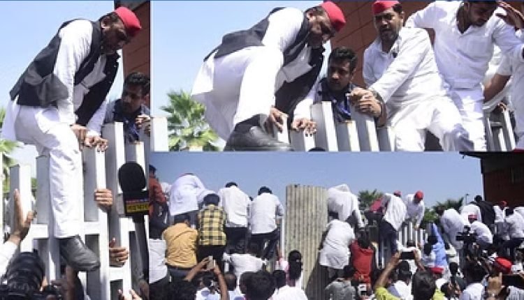 JPNIC: जेपीएनआईसी के गेट पर ताला देखकर भड़के अखिलेश यादव, गेट फांदकर अंदर घुस गए